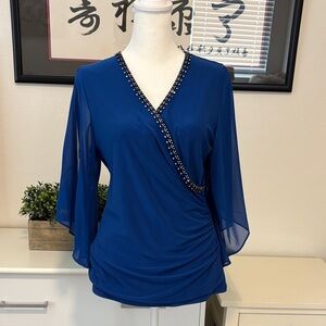MSK Blue Beaded V-Neck Blouse